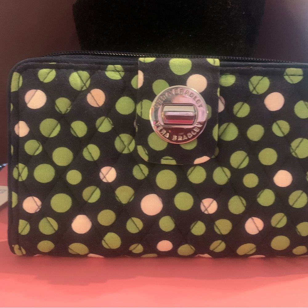 Vera Bradley Black and Green Polka Dot Turnlock Wallet  Clutch